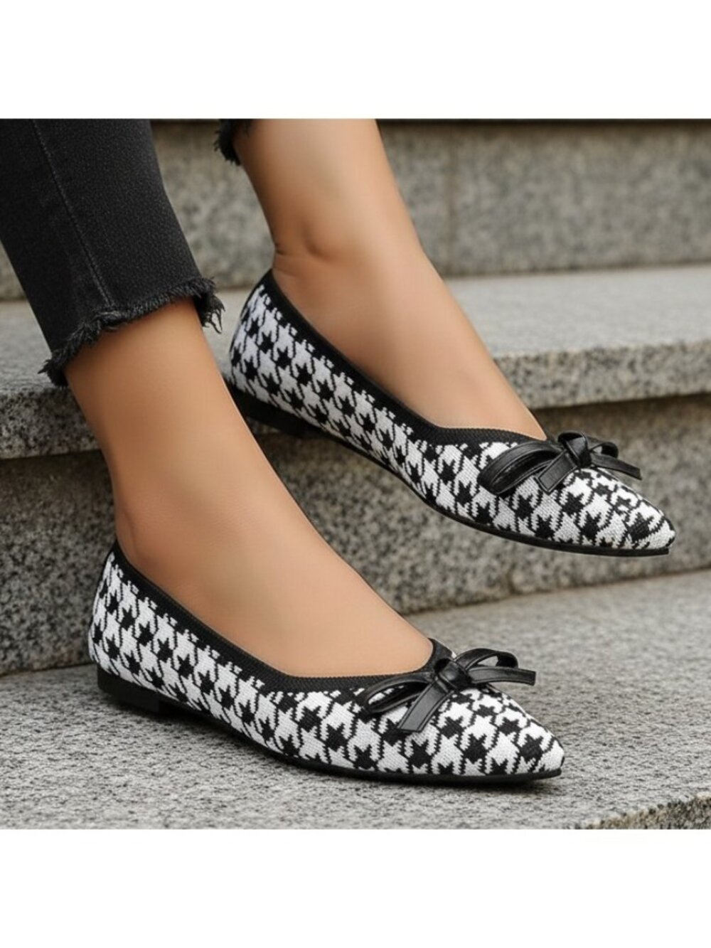 Houndstooth Knit Top Bow Pointed Toe Classy Heritage Ballet Flats Slip-On Shoes